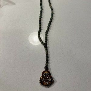 Brown  Buddha and Green Wood/ Black Crystal Beaded Necklace